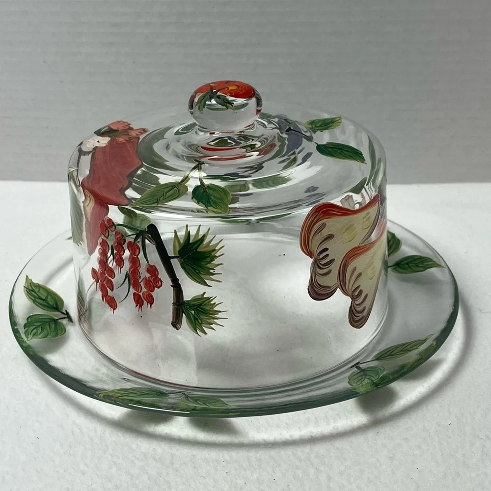 Vintage  Hand-Painted Glass Butter Dish with Red Fruit Motif